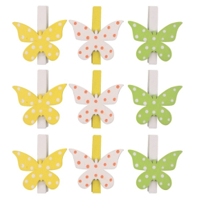Motýle drevené kolíky 3 farby 4,5 cm, 9 kusov vo vrecku