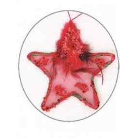 Hviezdička s pierkom a flitrami červená na zavesenie 11 cm